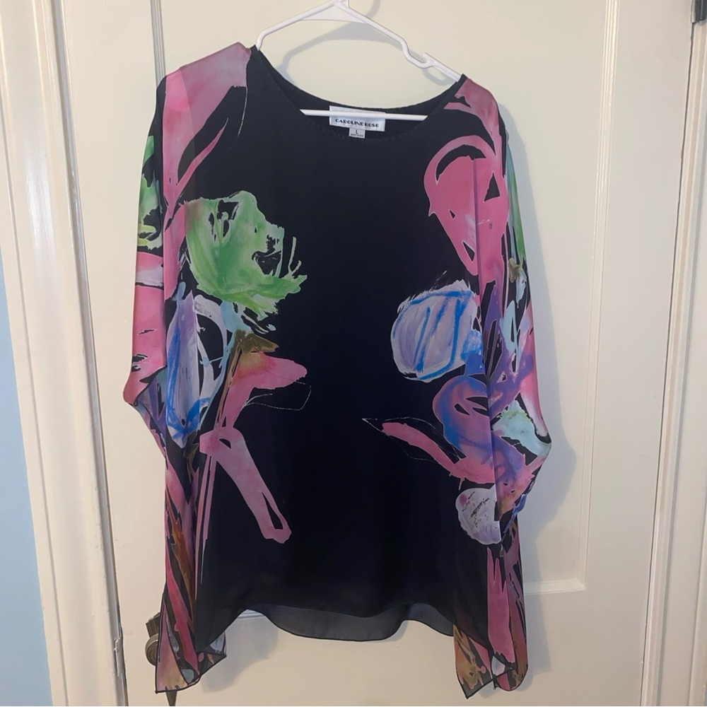 Black Floral Print Silk Tunic Top - Pink & Green Accents